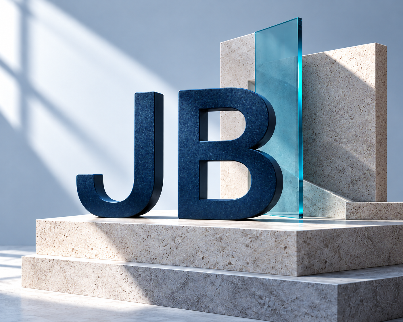 JB Audit sculpture with navy lettering and cyan glass